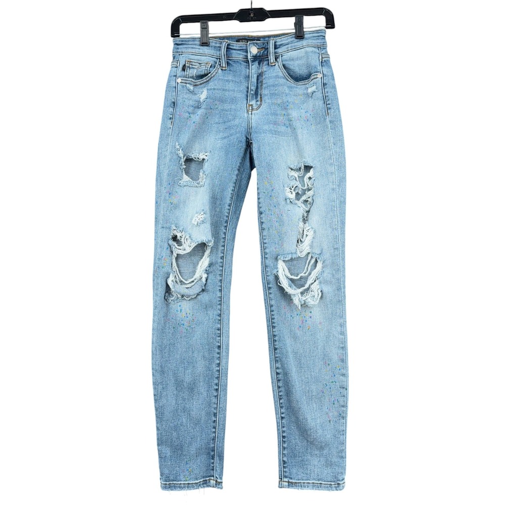 Judy Blue Distressed‎ Paint Splatter Jeans Womens 0/24 Cotton Blend Light Blue